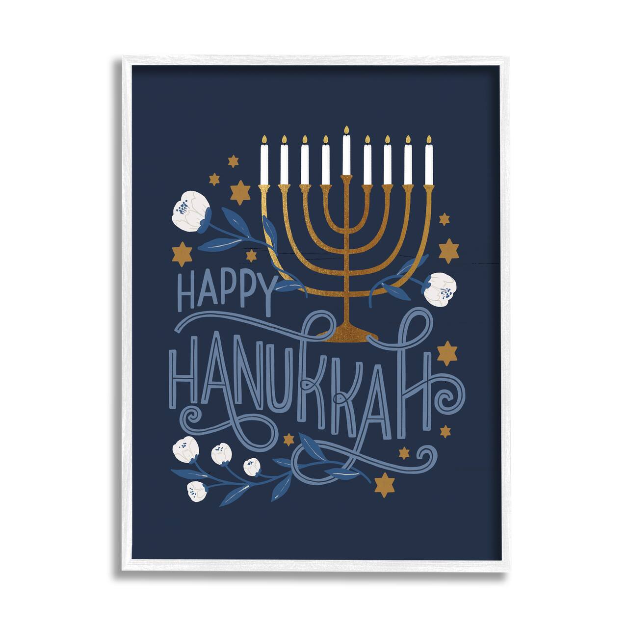 Stupell Industries Happy Hanukkah Traditional Menorah Symbols Framed Giclee Art